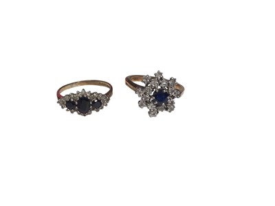 Lot 208 - Sapphire and diamond cluster ring with triangular cut diamonds in 9ct gold setting, and a sapphire and diamond cluster ring in 9ct gold setting (2)