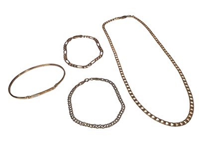 Lot 213 - 9ct gold flat curb link necklace, two 9ct gold bracelets and a 9ct gold bangle (4)