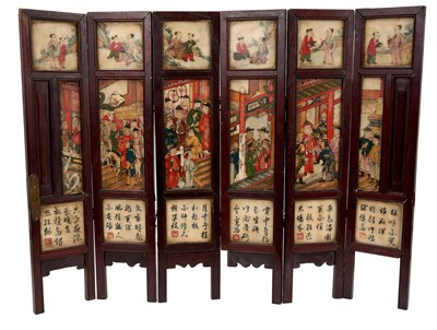 Lot 790 - Chinese painted hardstone six panel table screen