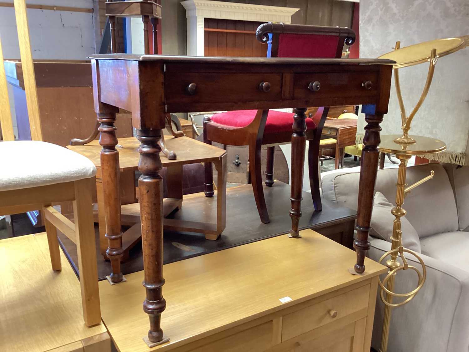 Lot 1282 - Victorian mahogany side table with two drawers on turned legs, 85cm wide, 45cm deep, 74.5cm high