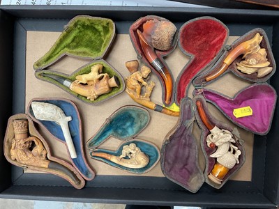Lot 2403 - Group of carved Meerschaum pipes with cases