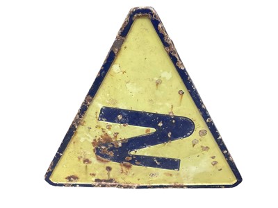 Lot 1548 - Triangular metal and enamel, possibly French or Eastern European ‘double bend’ road sign