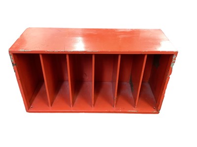 Lot 1549 - Red painted steel industrial cabinet, 2.6ft long x 1.4ft high x 11 inches deep