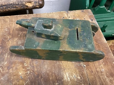 Lot 1561 - Homemade wooden money box in the form of an army tank, camouflage painted and inscribed ‘Save for Elizabeth Ann’, further inscribed on base ‘made by Harriet Bocco, 89 Cyncoed road, Cardiff, 9inches...