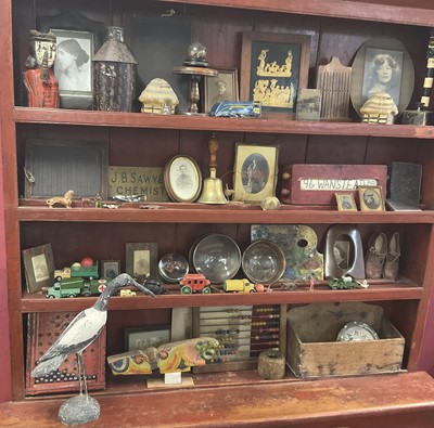 Lot 1565 - Miscellaneous collection including two school slates, handbell, abacus, cribbage board, etc