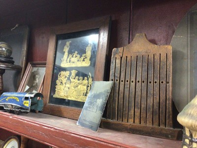 Lot 1565 - Miscellaneous collection including two school slates, handbell, abacus, cribbage board, etc