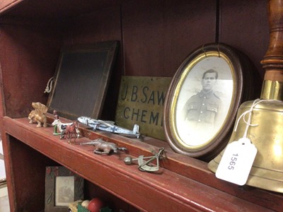 Lot 1565 - Miscellaneous collection including two school slates, handbell, abacus, cribbage board, etc