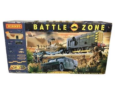 Lot 616 - Hornby battle zone electric train set, with Class 08 Shunter & transporter wagons plus accessories, boxed (1)