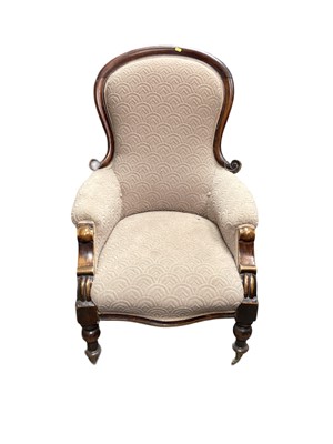 Lot 1314 - Victorian mahogany framed spoon back chair with patterned upholstery on turned front legs and brass castors