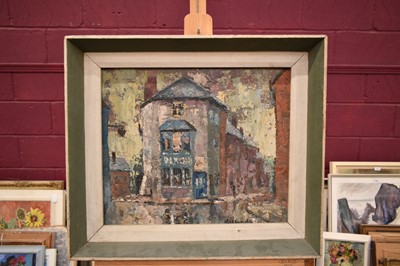 Lot 1573 - Attributed to James Neal (1918-2011) oil on board - Back Street of Hull, 1.3ft x 1.6ft