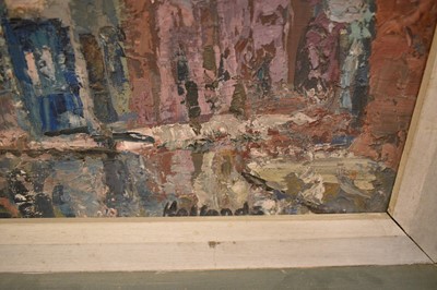 Lot 1573 - Attributed to James Neal (1918-2011) oil on board - Back Street of Hull, 1.3ft x 1.6ft