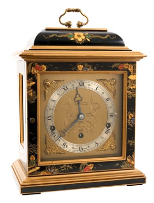 Lot 752 - George III style bracket clock retailed by Boodle & Dunthorne, Chester and Liverpool, the chiming by F.W. Elliott Ltd playing Westminster and Whittington chimes, in chinoiserie lacquered case.