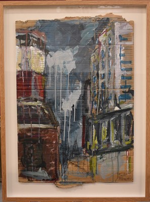 Lot 1576 - Untitled Dock Scene, acrylic on torn corrugated cardboard, signed ‘Rob Flowers’.