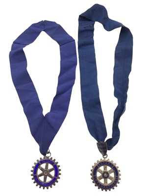 Lot 1055 - Two silver and enamel Rotary International medallions on ribbon, Rotary International gilt metal pin and a Masonic apron