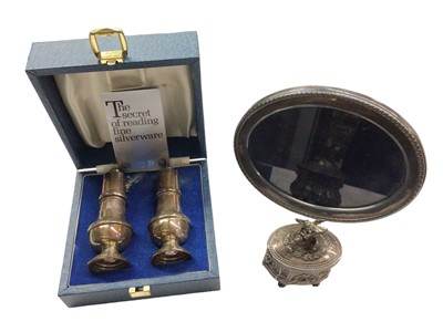 Lot 1087 - Silver oval photograph frame, pair of silver pepper and salts in box and a Spanish silver salt and cover