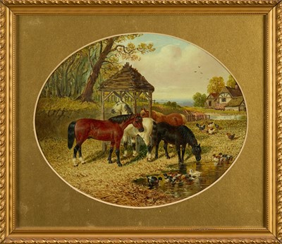 Lot 1014 - John Frederick Herring (1815-1907) oil on canvas - Farmyard with horses ducks and chickens beside a pond, signed, 28cm x 34cm, oval, in glazed gilt frame