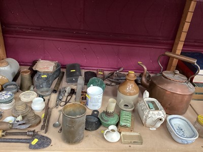 Lot 619 - Selection of vintage brass ware, ceramic bottles & tools etc (2 shelves)