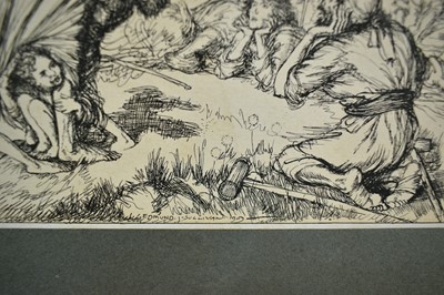 Lot 1155 - Edmund J Sullivan (1869-1933) original pen and ink drawing together with the etching based upon the drawing, both signed, 'Discourse', 18cm x 23.5cm