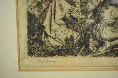 Lot 1155 - Edmund J Sullivan (1869-1933) original pen and ink drawing together with the etching based upon the drawing, both signed, 'Discourse', 18cm x 23.5cm