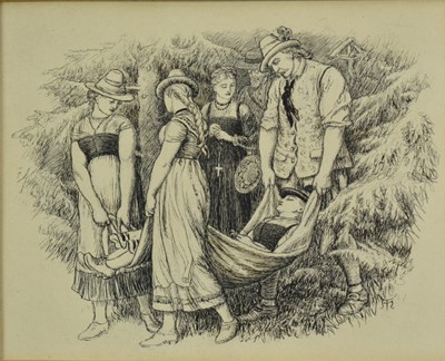 Lot 1162 - Arthur Hughes (1832-1915) pen and ink, title vignette 'To Esther and Other Sketches', by Anne Thackeray, 1876 edition, signed with monogram, framed