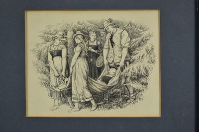 Lot 1162 - Arthur Hughes (1832-1915) pen and ink, title vignette 'To Esther and Other Sketches', by Anne Thackeray, 1876 edition, signed with monogram, framed