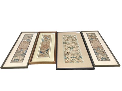 Lot 2063 - Chinese embroideries, four panels in silk forbidden stitches and satin stitches.