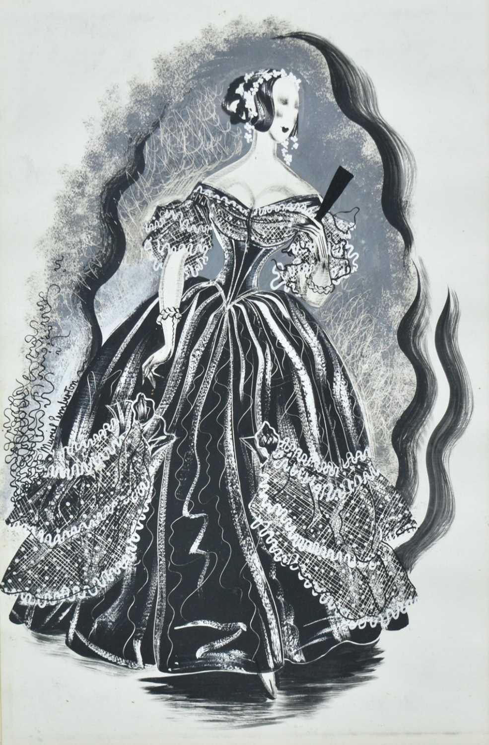 Lot 154 - Muriel Pemberton (1909-1993) mixed media - Woman in a Ballgown, signed, 40cm x 25cm, in glazed frame