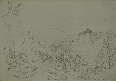 Lot 207 - Henrietta Anne Fortescue (1765-1841) pair of pencil and ink landscapes - Castle & town of Roverdo dated 1820, the second dated 1817, 26cm x 37cm in glazed frames (2)