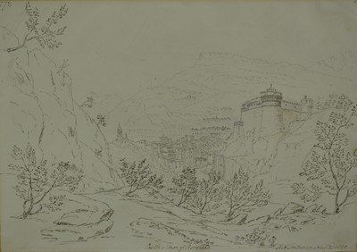 Lot 1128 - Henrietta Anne Fortescue (1765-1841) pair of pencil and ink landscapes - Castle & town of Roverdo dated 1820, the second dated 1817, 26cm x 37cm in glazed frames (2)