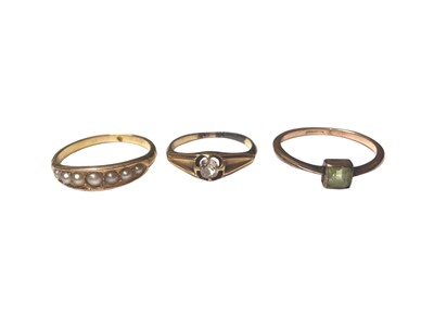 Lot 17 - Victorian gold pearl seven stone ring, an old cut diamond single stone ring and a rose gold peridot ring (3)