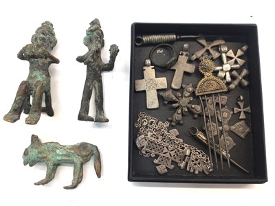 Lot 347 - Two Ashanti bronze figures and a dog, together with a group of tribal cross pendants and other similar items