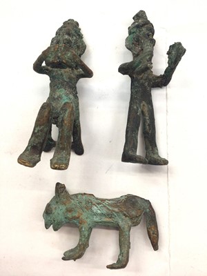 Lot 347 - Two Ashanti bronze figures and a dog, together with a group of tribal cross pendants and other similar items