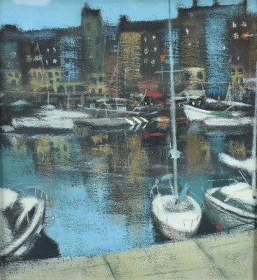 Lot 210 - Peter Nardini (b.1947) acrylic - Honfleur Harbour, signed and titled on backing board, 26cm x 24cm, framed