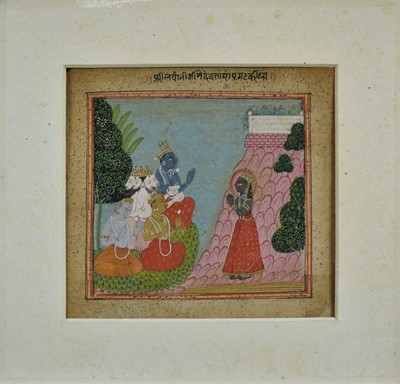 Lot 1160 - Indian miniature depicting Brahma and other deities, 14cm x 15cm, with mount, unframed.