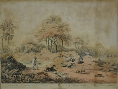 Lot 211 - Thomas Williamson (1758-1817) and Samuel Howitt (1765-1822) Peacock Shooting at the Edge of the Jungle, pub. 1819, 33cm x 44cm in glazed frame