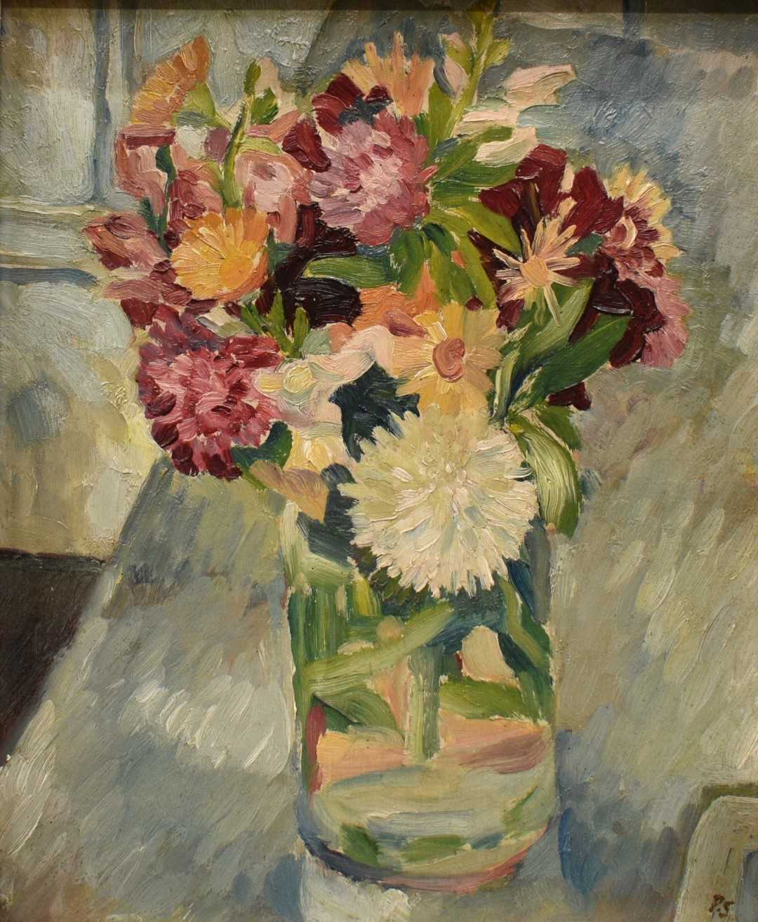 Lot 1578 - *Peggy Somerville (1918-1975) oil on board, still life with flowers, 11.5in x 9.5in.