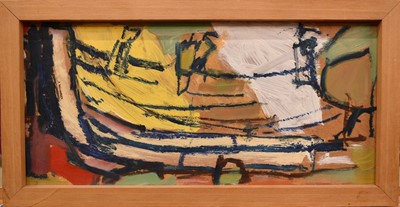 Lot 1583 - Geoffrey King (b. 1941) oil on board, Boat on a trailer