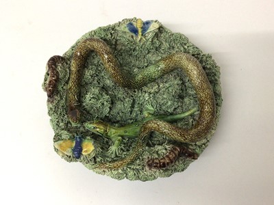 Lot 122 - Palissy ware majolica glazed pottery plate with snake, lizard, butterflies and worms by Jose a Cunha