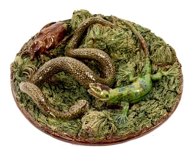 Lot 123 - Palissy ware pottery plate with snake lizard and beetle by Manuel Mafra