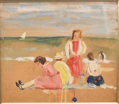 Lot 1589 - Jean Alexander (1911-1994) oil on board -The Beach Party, Walton