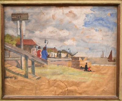 Lot 1590 - Untitled Beach Scene, Walton, oil on paper, unsigned but purchased from the family of Jean Alexander (1911-1994), c1950, reframed.  15in x 19in.