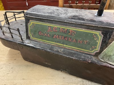 Lot 1602 - 1920s scratch built wood and metal toy barge, approximately 3ft long