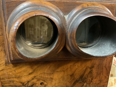 Lot 1608 - Late 19th century mahogany stereoscope complete with a drum of cards