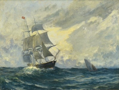 Lot 74 - 1920s oil on canvas - The Clipper "Red Jacket" at sea, label verso stating 'Built of Portland Maine in 1854...owned by Messrs Pilkington & Wilson, White Star Line