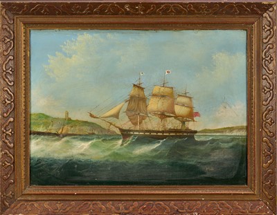 Lot 1011 - English School, 19th century, oil on canvas - Shipping off the Coast, initialled MB, 41cm x 56cm, in gilt frame