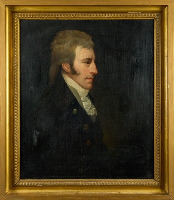 Lot 1005 - English School, early 19th century, oil on canvas - Portrait of a Regency Gentleman in profile, 76cm x 64cm, in gilt frame