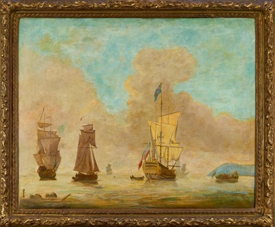 Lot 1013 - Manner of Peter Monamy (1681-1749) oil on canvas - Shipping at Anchor, 69cm x 85cm, in period papier gilt frame