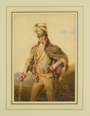 Lot 1009 - English School, early 19th century, watercolour - Portrait of a Hussar Officer, circa 1810-1820, 32cm x 22.5cm, in glazed gilt frame