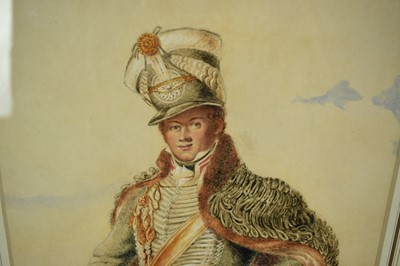 Lot 1009 - English School, early 19th century, watercolour - Portrait of a Hussar Officer, circa 1810-1820, 32cm x 22.5cm, in glazed gilt frame