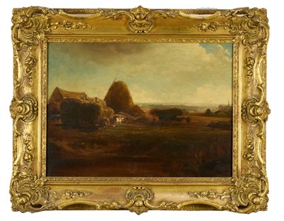 Lot 1024 - Peter De Wint (1784-1849) oil on canvas - Stacking Hay, label verso, 41cm x 56cm, in gilt frame